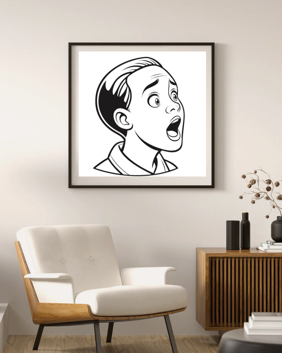 Cadre moderne décoré avec icône de garçon surpris, style élégant et éducatif