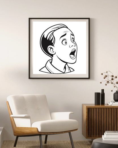 Cadre moderne décoré avec icône de garçon surpris, style élégant et éducatif