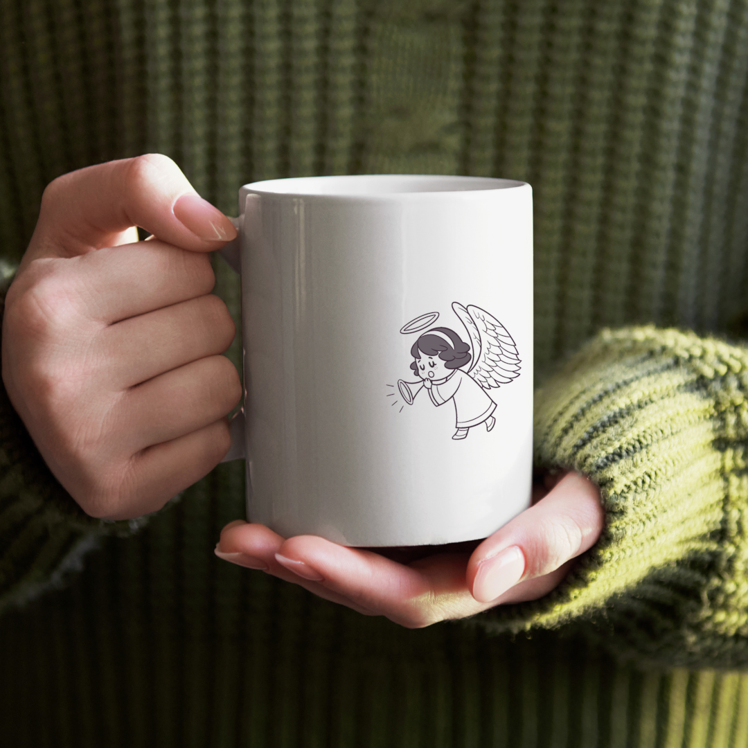 Mug animé avec ange festif jouant d'une trompette dans un style enfantin joyeux