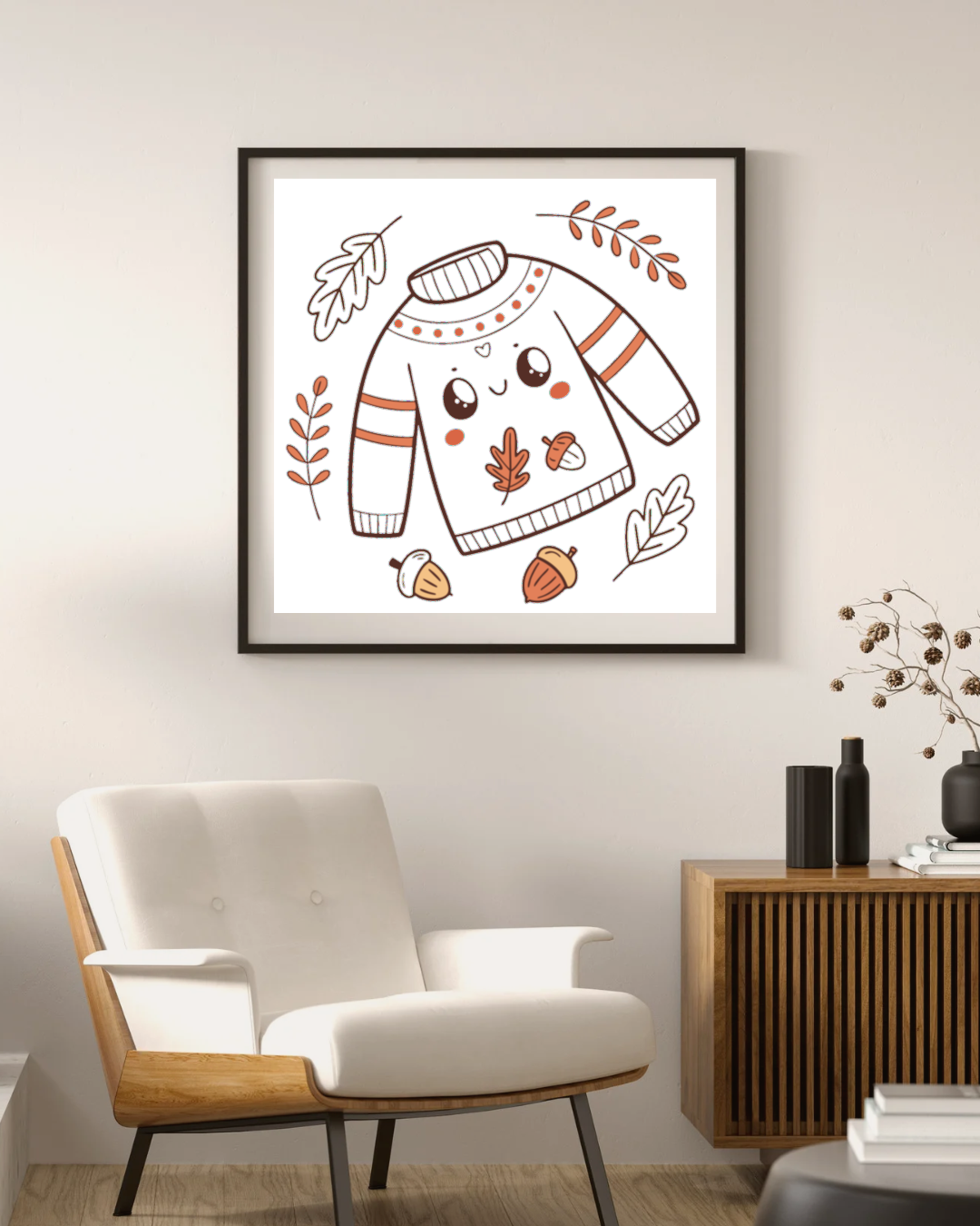 Cadre décoratif avec icône kawaii de feuilles et pull joyeux ambiance automne