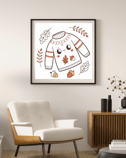 Cadre décoratif avec icône kawaii de feuilles et pull joyeux ambiance automne