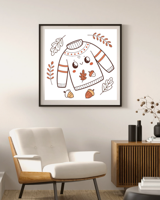 Cadre décoratif avec icône kawaii de feuilles et pull joyeux ambiance automne