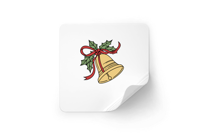 Sticker festif représentant une cloche de Noël sur fond hivernal