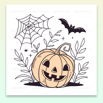 Illustration d'une citrouille joyeuse d'Halloween avec toile d'araignée et chauve-souris. Parfaite pour déco DIY.