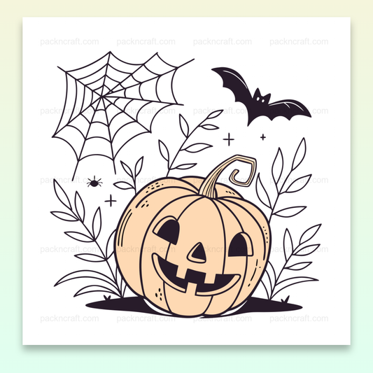 Illustration d'une citrouille joyeuse d'Halloween avec toile d'araignée et chauve-souris. Parfaite pour déco DIY.