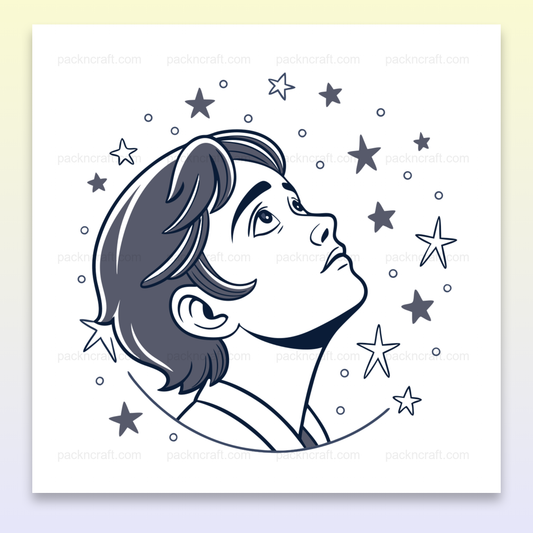 Illustration d'un garçon rêveur sous les étoiles, idéal pour projets créatifs