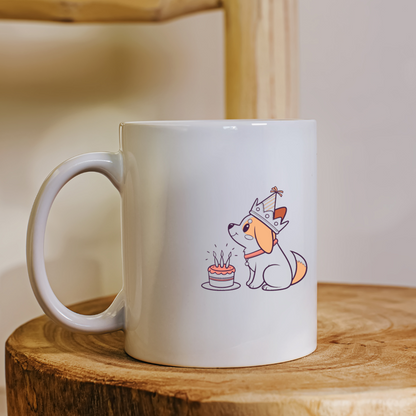 Design chien kawaii sur mug, idéal pour célébrer un joyeux anniversaire.