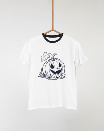 T-shirt avec citrouille joyeuse noir et blanc, idéal pour Halloween mystérieux