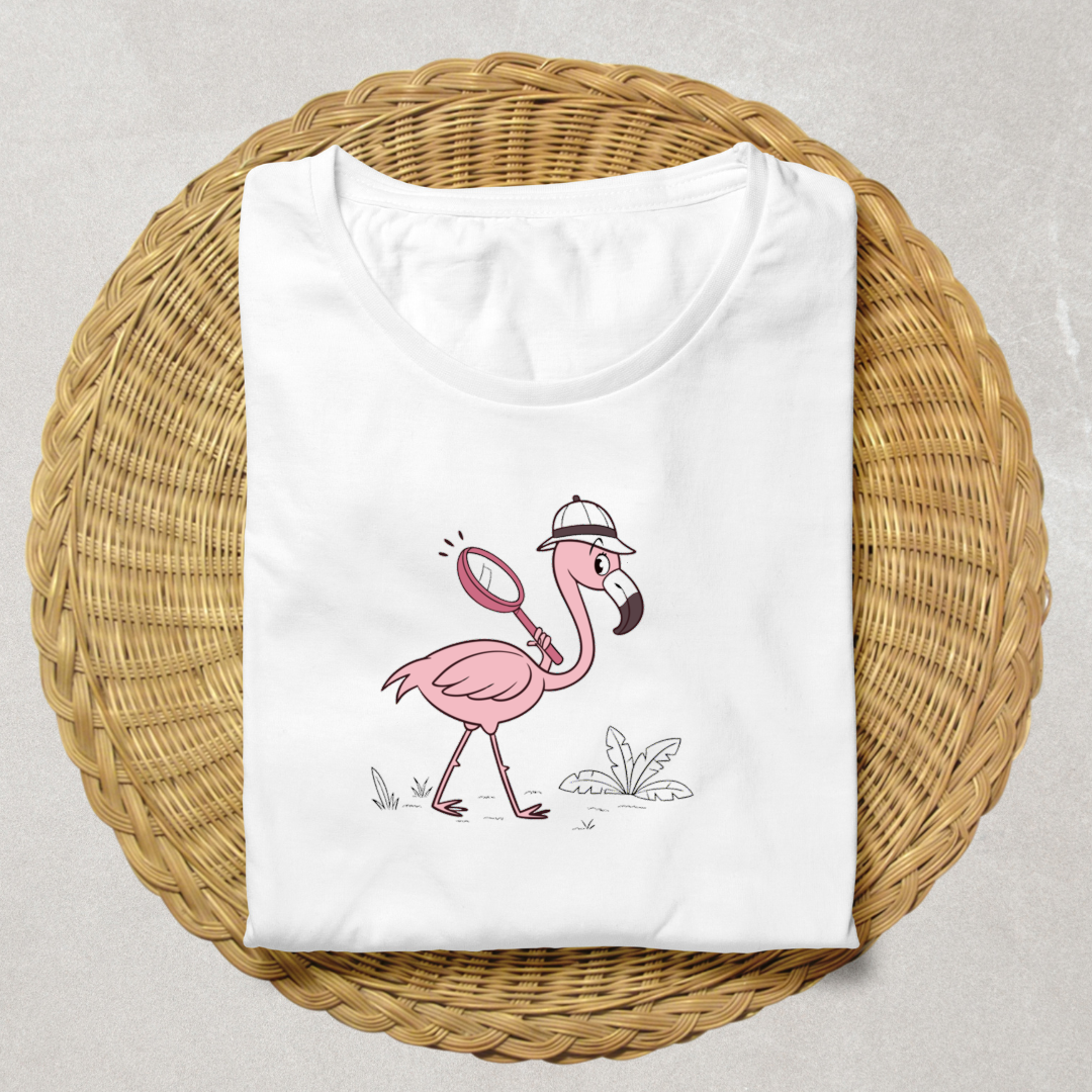 T-shirt avec flamant rose en détective curieux sur fond blanc et style enquête ludique