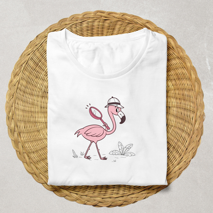 T-shirt avec flamant rose en détective curieux sur fond blanc et style enquête ludique