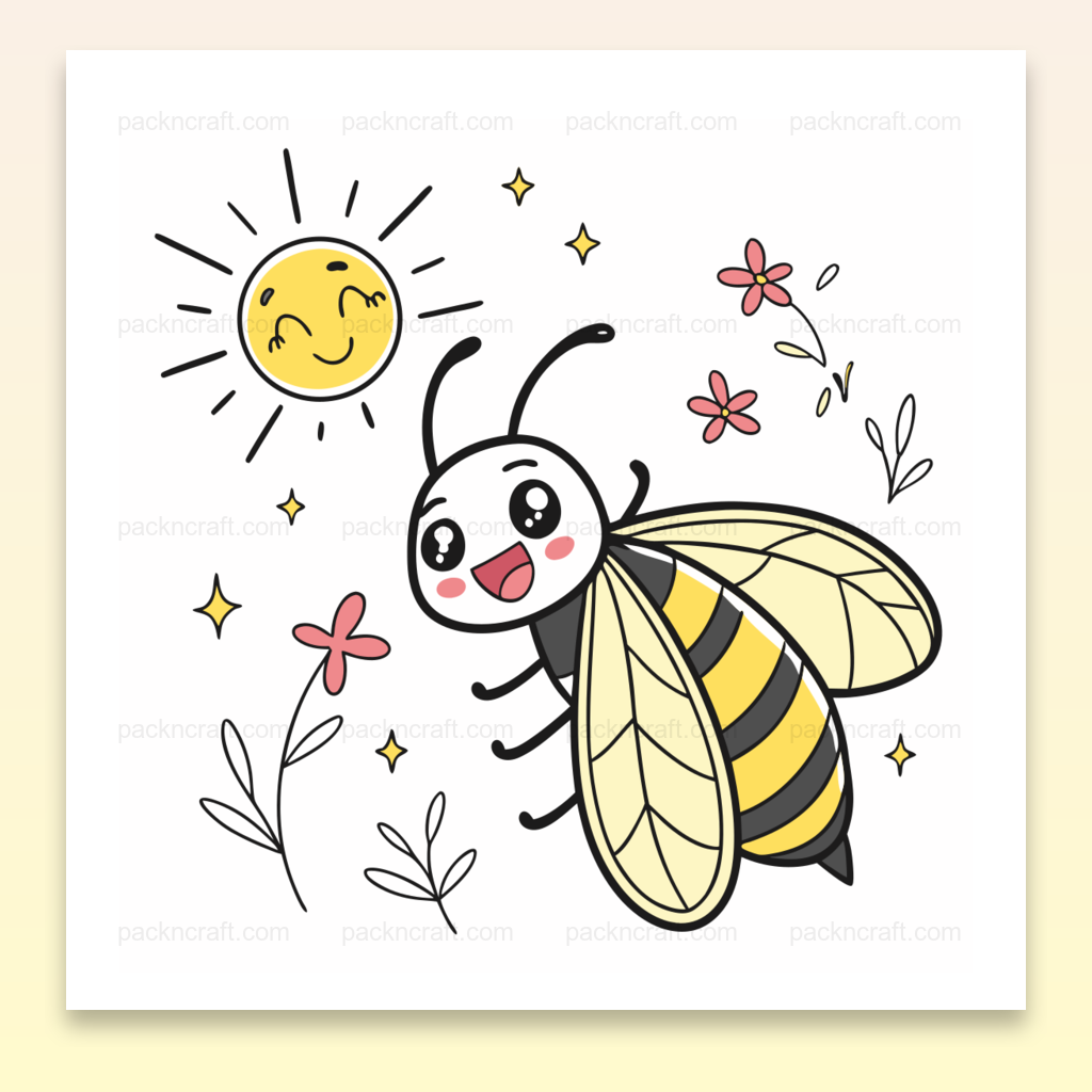 Illustration joyeuse d'une abeille sous le soleil avec fleurs, idéale pour stickers ou déco.