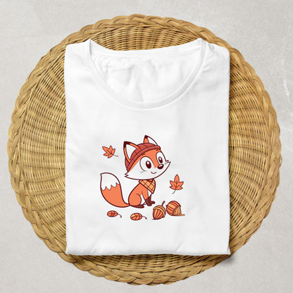 T-shirt avec renard automnal kawaii sur fond forestier charmant et ludique