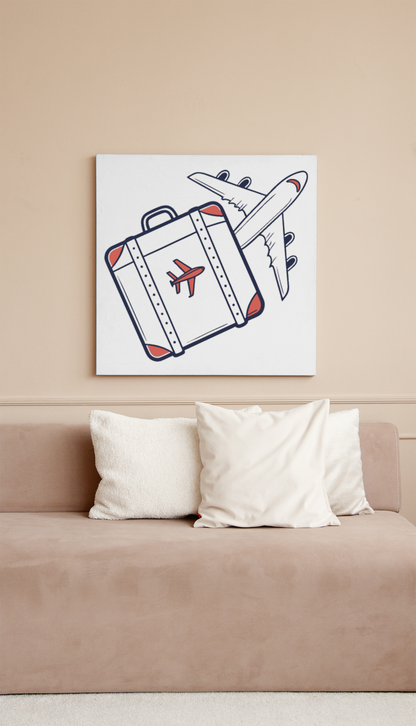 Cadre avec une valise volante minimaliste sur le thème du voyage
