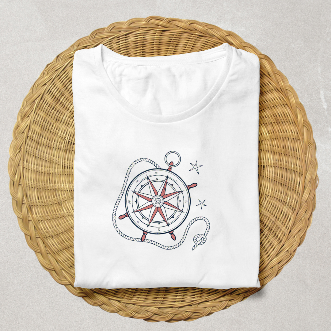 T-shirt aventure arborant une rose des vents vintage dans un style illustré dynamique