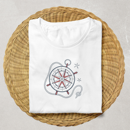 T-shirt aventure arborant une rose des vents vintage dans un style illustré dynamique