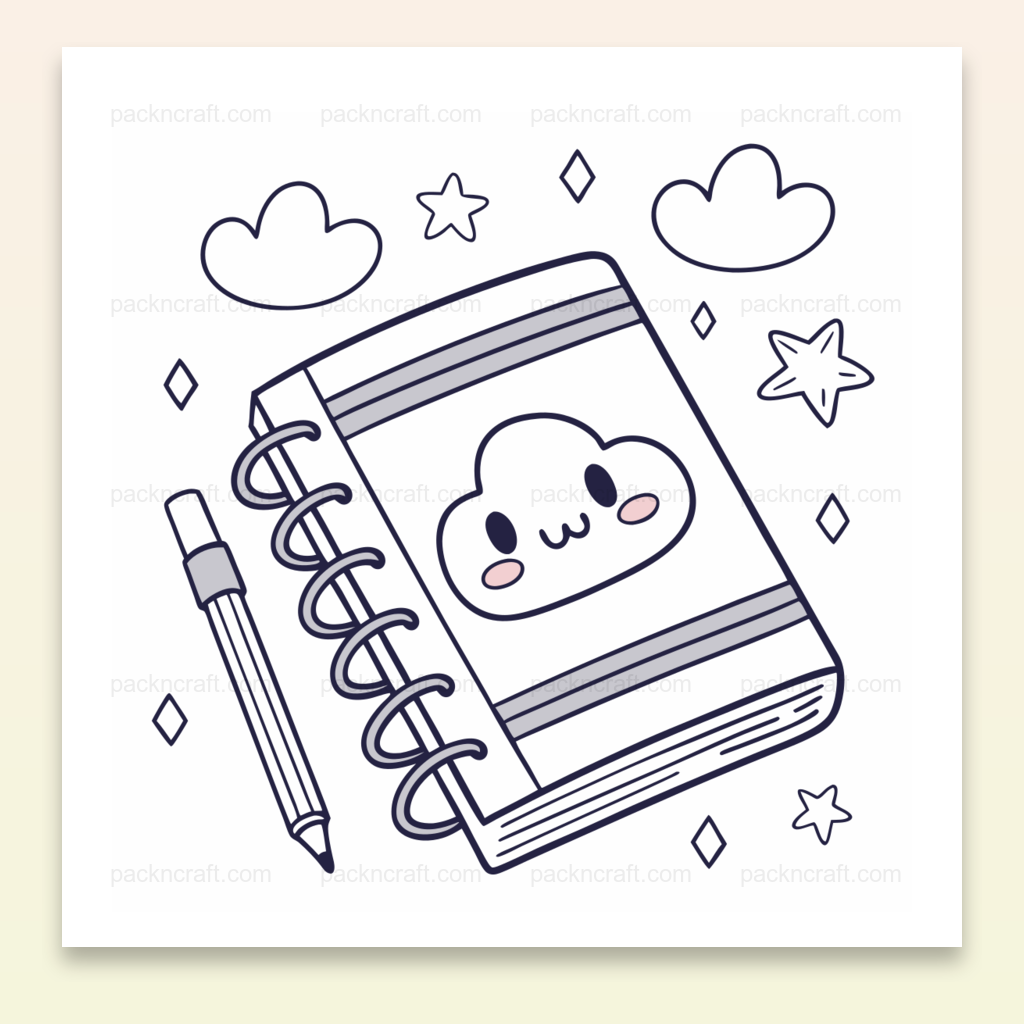Illustration carnet kawaii avec nuage rêveur, parfaite pour école et papeterie DIY.