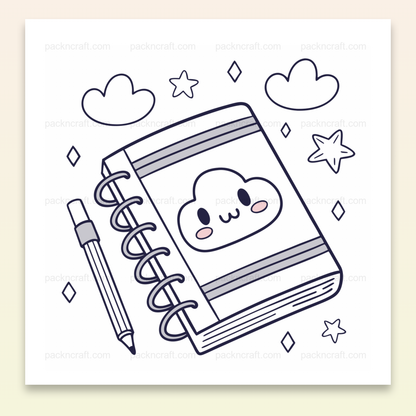 Illustration carnet kawaii avec nuage rêveur, parfaite pour école et papeterie DIY.
