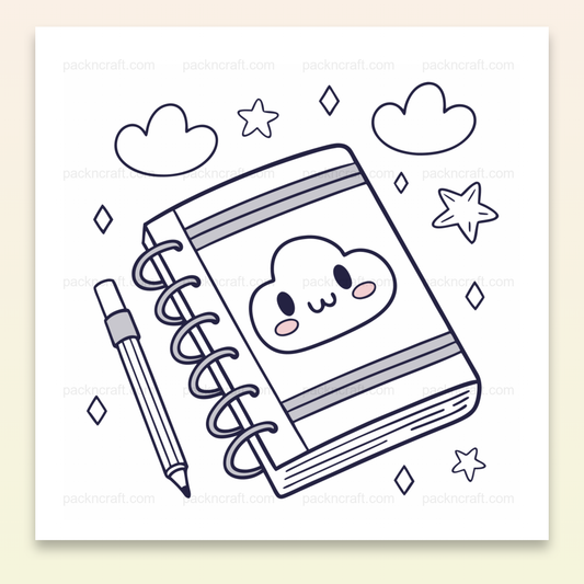 Illustration carnet kawaii avec nuage rêveur, parfaite pour école et papeterie DIY.
