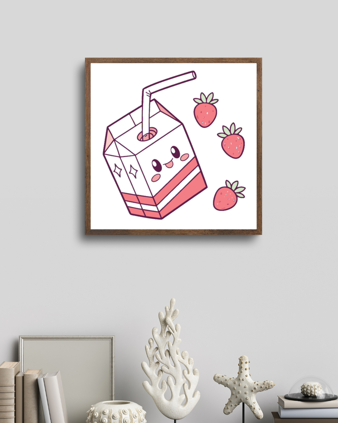 Art encadré kawaii boîte à jus et fraises, décoration murale amusante.