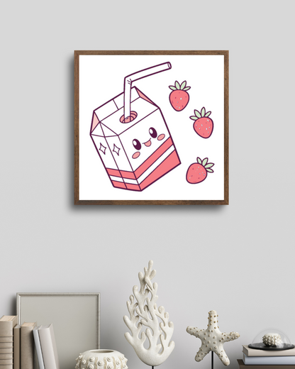 Art encadré kawaii boîte à jus et fraises, décoration murale amusante.