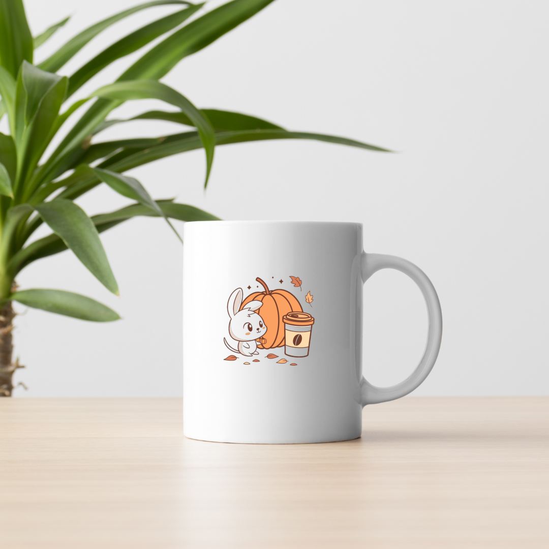 Mug automnal avec motif mignon d'un lapin curieux et d'une citrouille kawaii