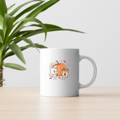 Mug automnal avec motif mignon d'un lapin curieux et d'une citrouille kawaii