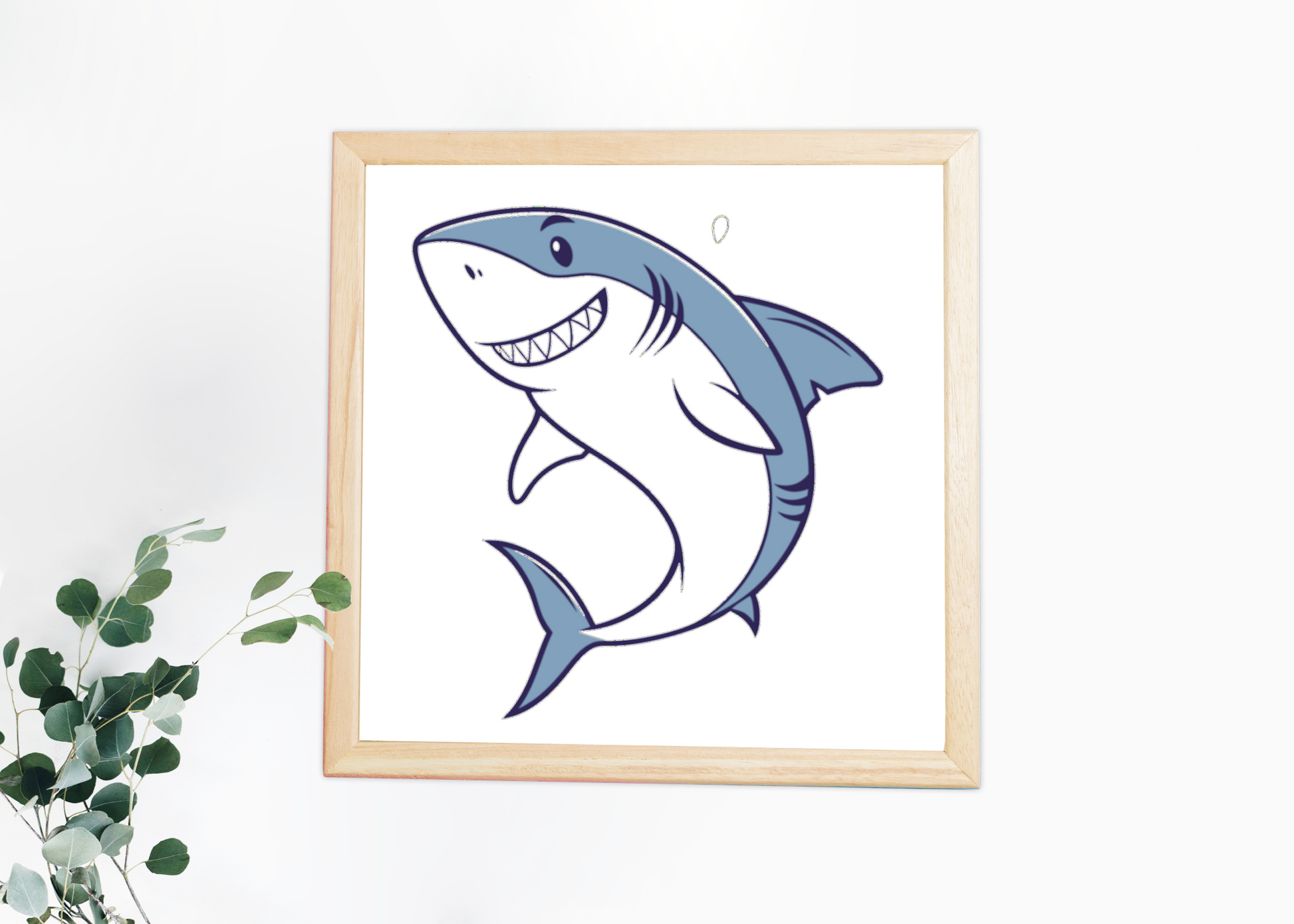 Cadre avec requin souriant illustré style cartoon, parfait pour un décor océan amusant
