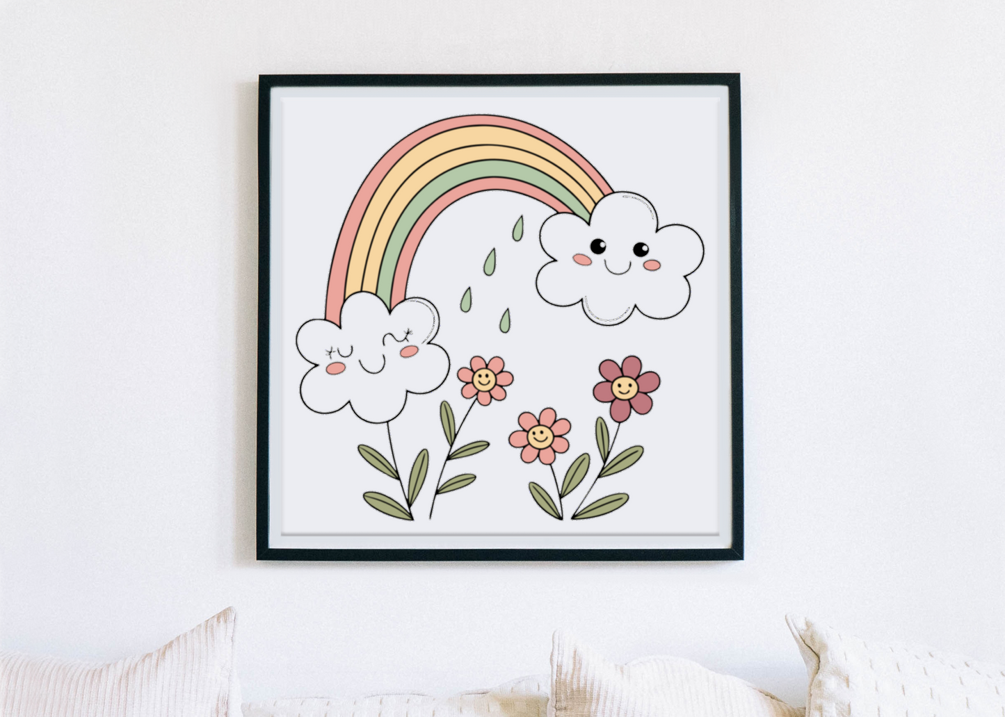 Cadre avec nuages joyeux et arc-en-ciel dans un style pastel dynamique