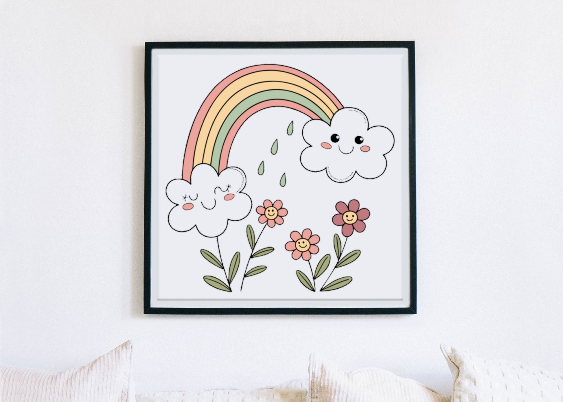 Cadre avec nuages joyeux et arc-en-ciel dans un style pastel dynamique