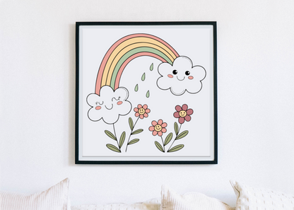 Cadre avec nuages joyeux et arc-en-ciel dans un style pastel dynamique