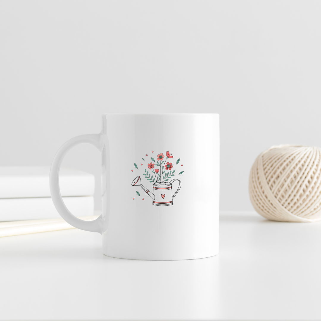 Un mug printanier avec un arrosoir orné de fleurs dans un style doux et apaisant