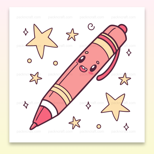 Illustration d'un stylo kawaii entouré d'étoiles, parfaite pour projets créatifs DIY et papeterie.