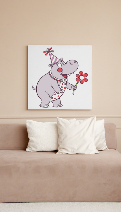 Cadre avec un hippo joyeux dans un style doodle entouré de couleurs vives