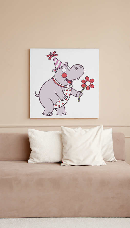 Cadre avec un hippo joyeux dans un style doodle entouré de couleurs vives