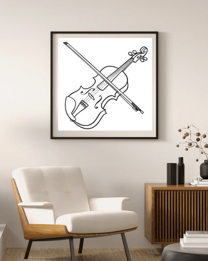Cadre en bois avec design minimaliste d'un violon évoquant une ambiance musicale