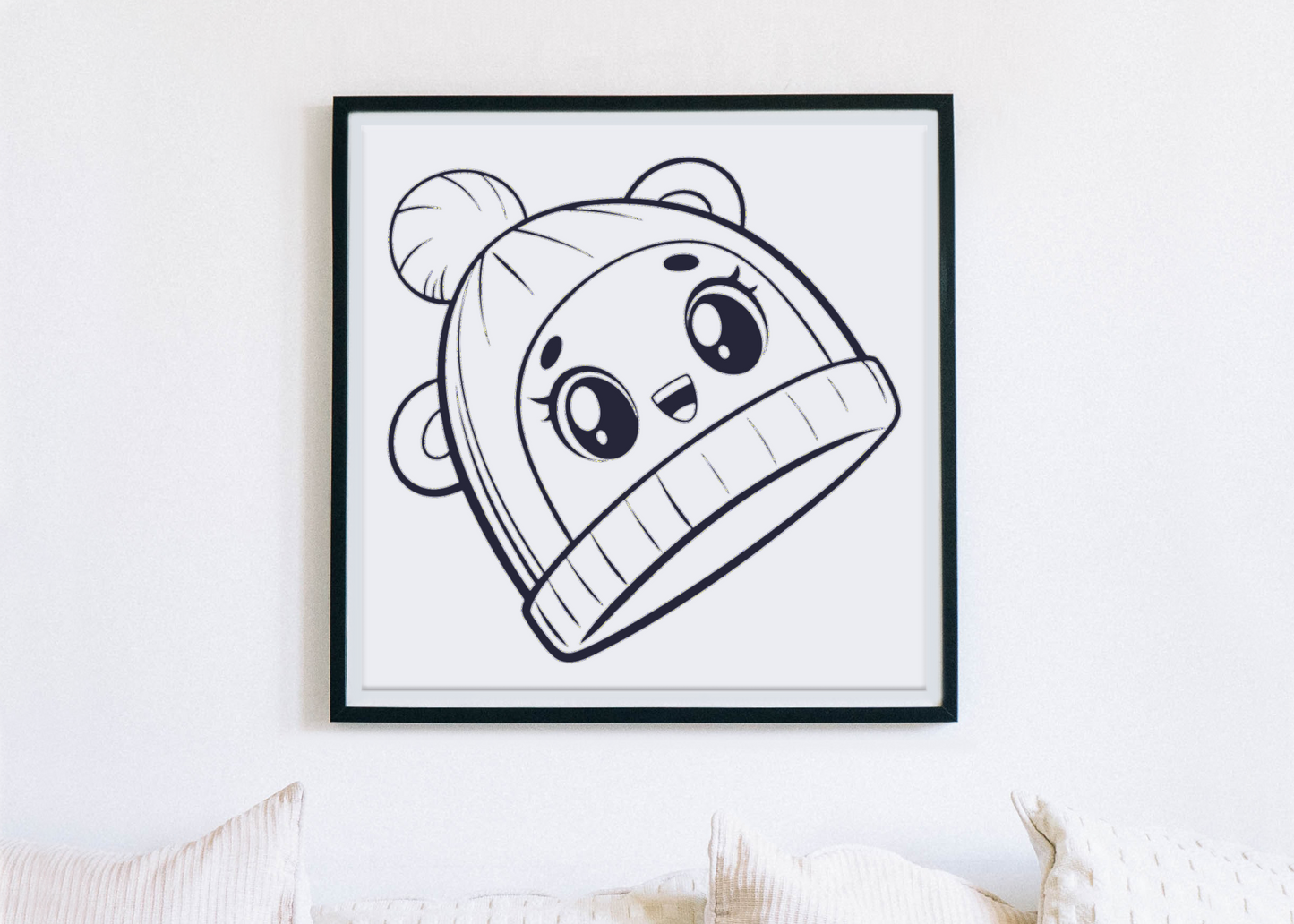 Affiche encadrée de bébé kawaii en bonnet, pour égayer votre espace intérieur.