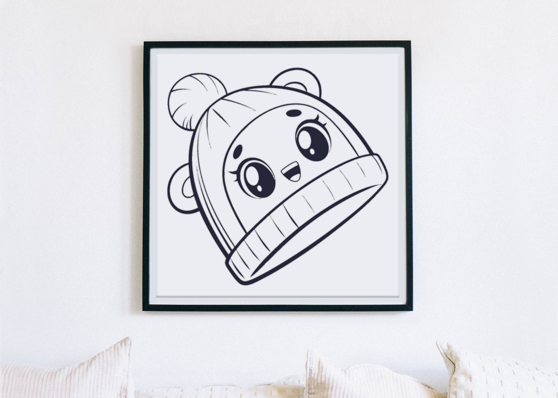 Affiche encadrée de bébé kawaii en bonnet, pour égayer votre espace intérieur.