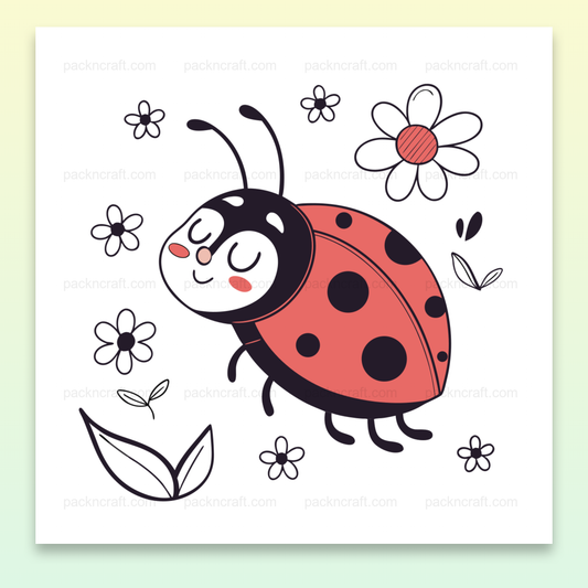 Coccinelle souriante sur fond fleuri, illustration idéale pour papeterie et DIY