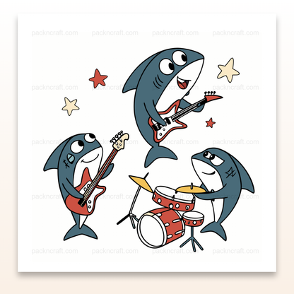 Illustration de requins rockeurs jouant de la musique, idéale pour projets créatifs et éducatifs