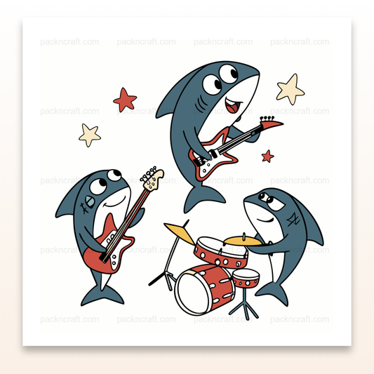 Illustration de requins rockeurs jouant de la musique, idéale pour projets créatifs et éducatifs