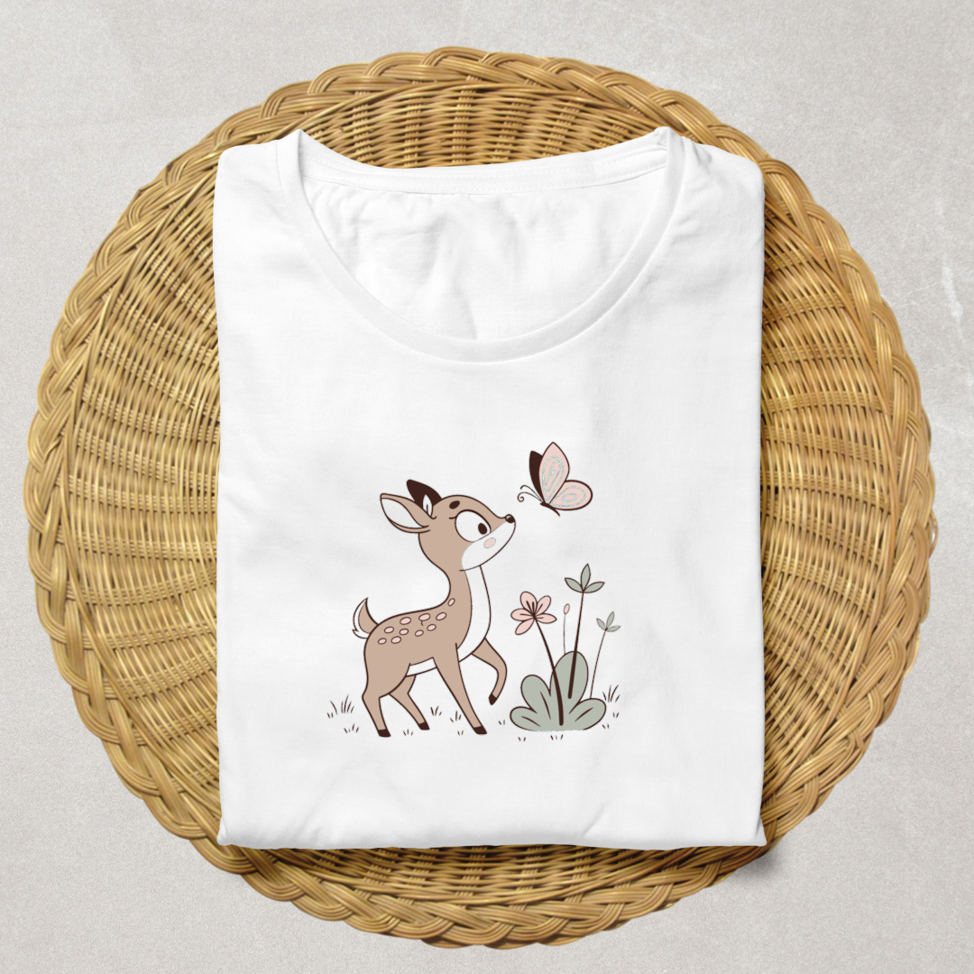 T-shirt avec faon curieux et papillon en style pastel inspiré par la forêt