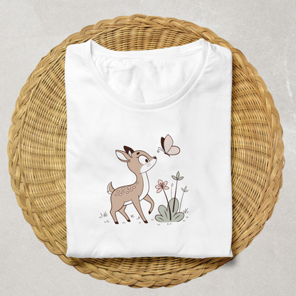 T-shirt avec faon curieux et papillon en style pastel inspiré par la forêt