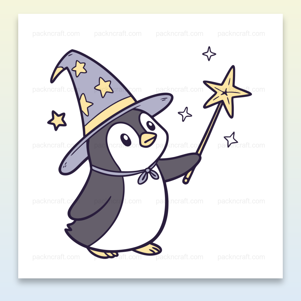 Illustration kawaii de pingouin magicien avec un chapeau étoilé, idéale pour projets créatifs.