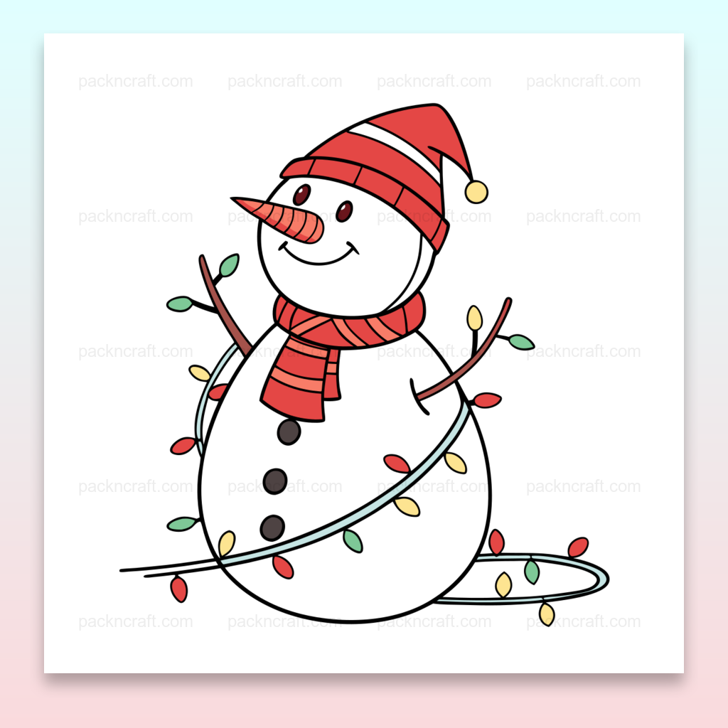 Illustration d'un bonhomme de neige joyeux décoré de guirlandes lumineuses, parfait pour Noël et les projets DIY.