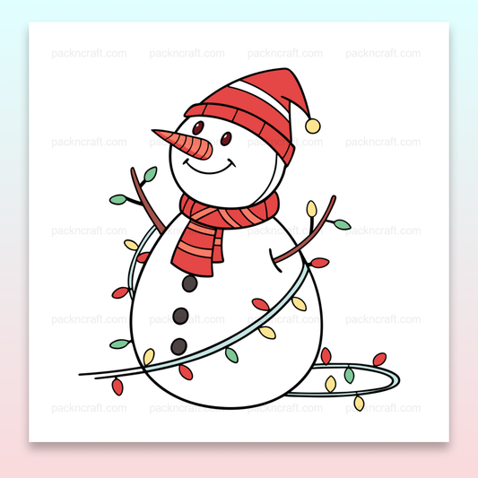 Illustration d'un bonhomme de neige joyeux décoré de guirlandes lumineuses, parfait pour Noël et les projets DIY.