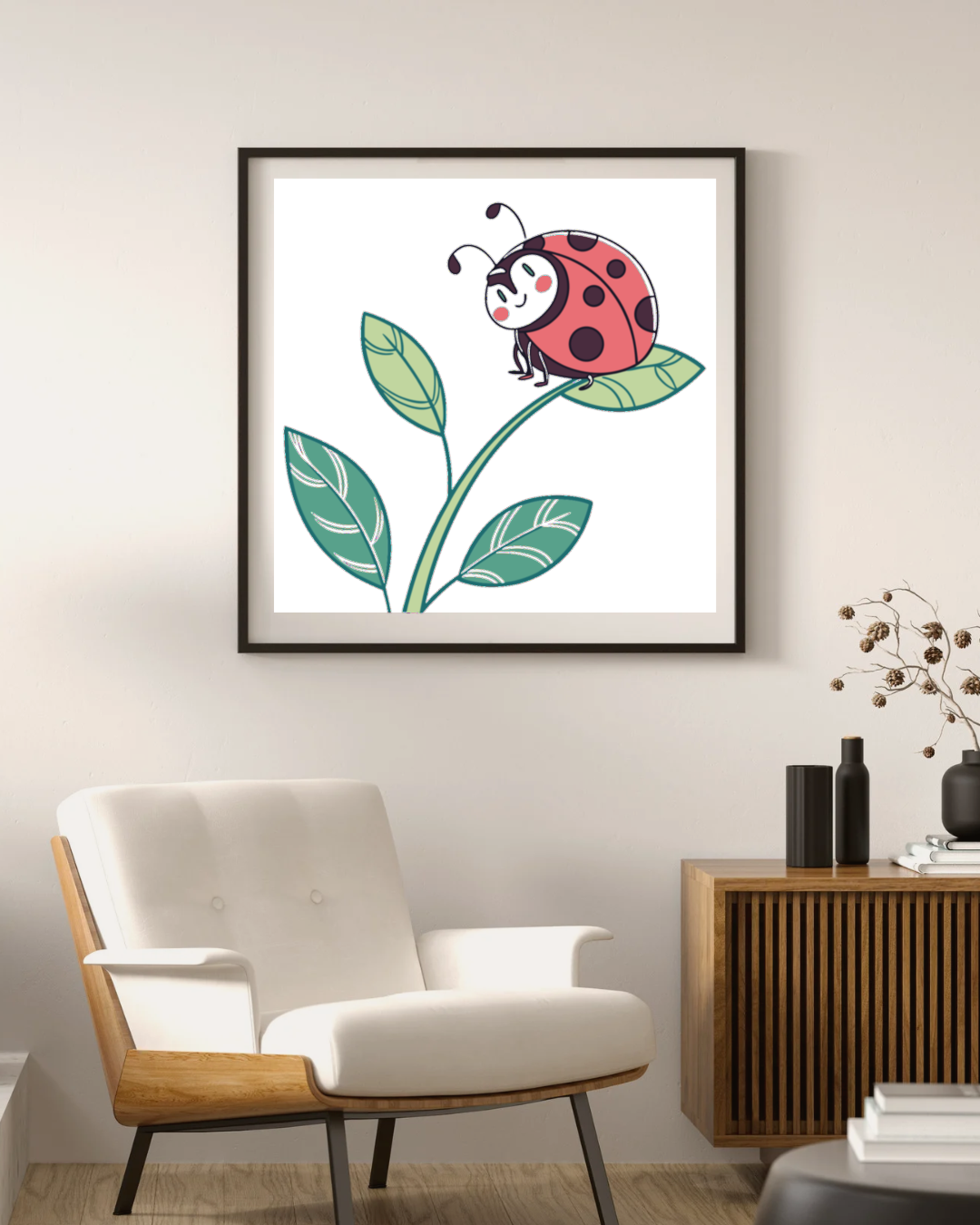Cadre décoratif avec coccinelle joyeuse sur feuille style nature légère
