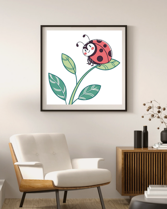 Cadre décoratif avec coccinelle joyeuse sur feuille style nature légère