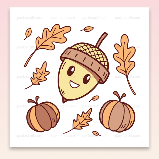 Gland souriant pour décorations automnales avec feuilles et citrouilles.