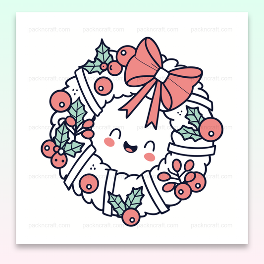 Couronne de Noël joyeuse avec style kawaii, fichier numérique idéal pour créations DIY et décorations de fêtes.
