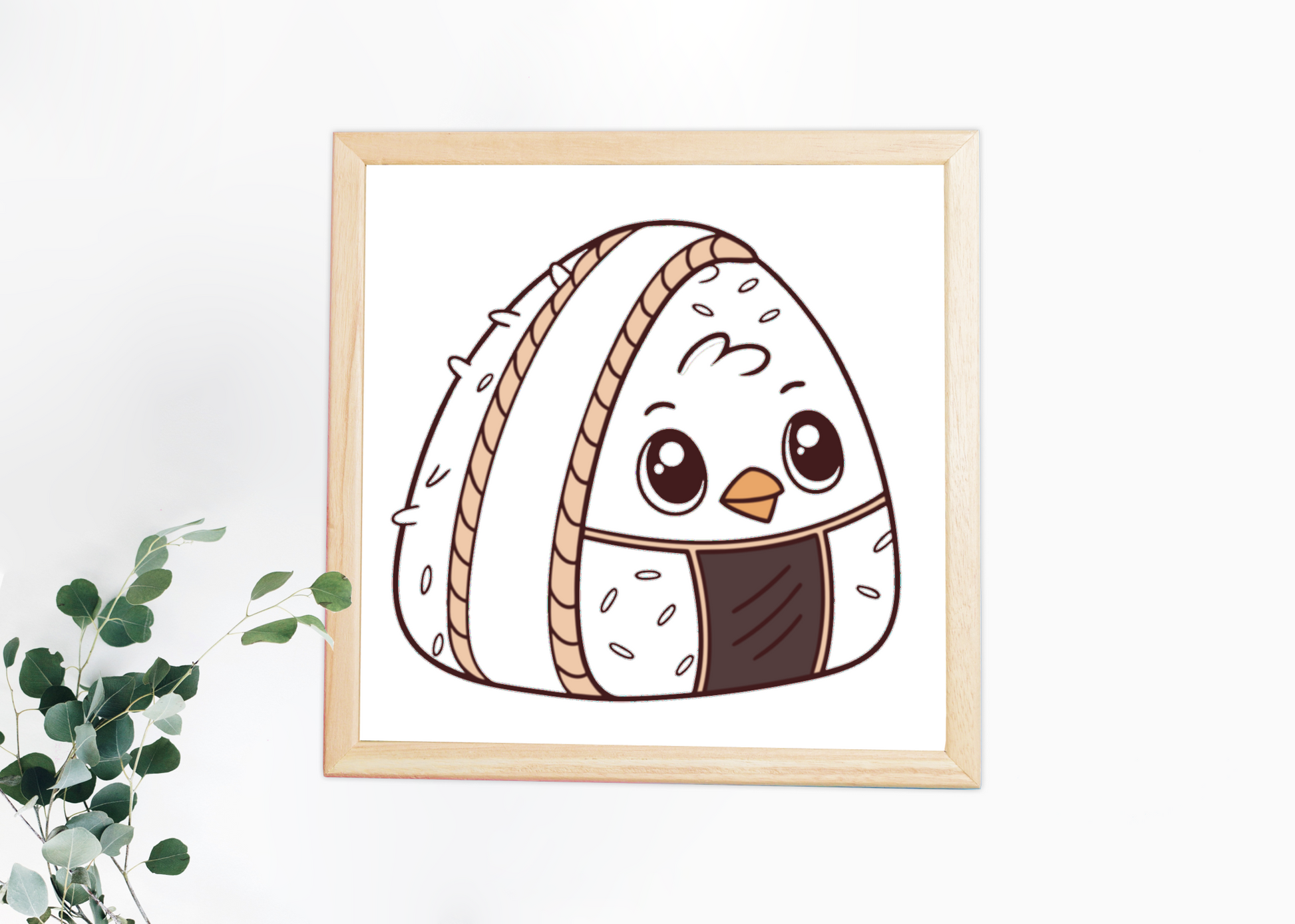 Cadre avec icône kawaii d'un oiseau gourmand dans un onigiri